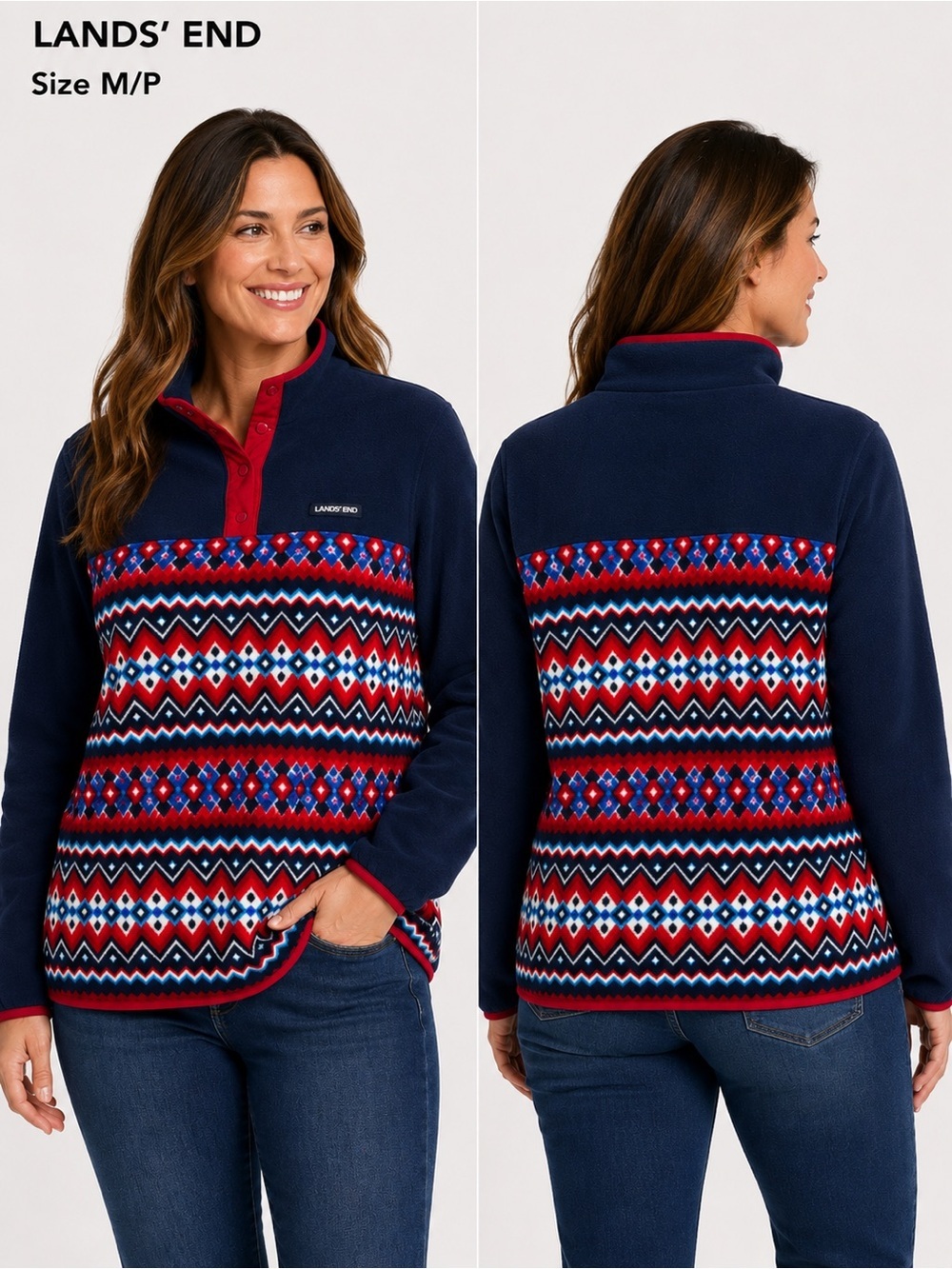 Lands' End Navy Fleece Pullover with Red and White Fair Isle Band